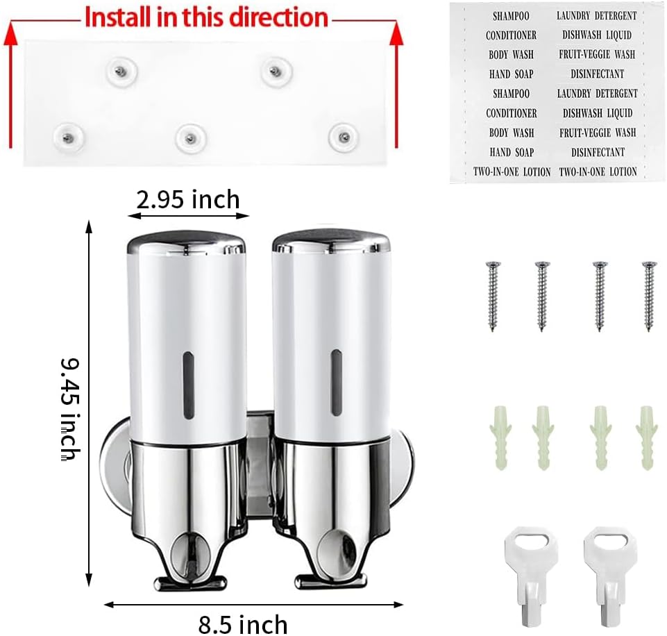 2 in 1 Chamber Wall Mounted Shampoo and Conditioner Dispenser (White) | No Drill Shower Soap Dispenser for Bathroom