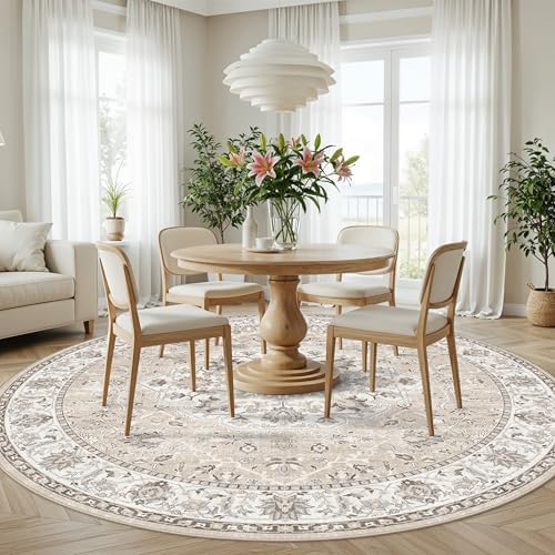 Washable 8ft Round Area Rug - Living Room Oriental Non Slip Soft Rugs Indoor Low Pile Stain Resistant Carpet for