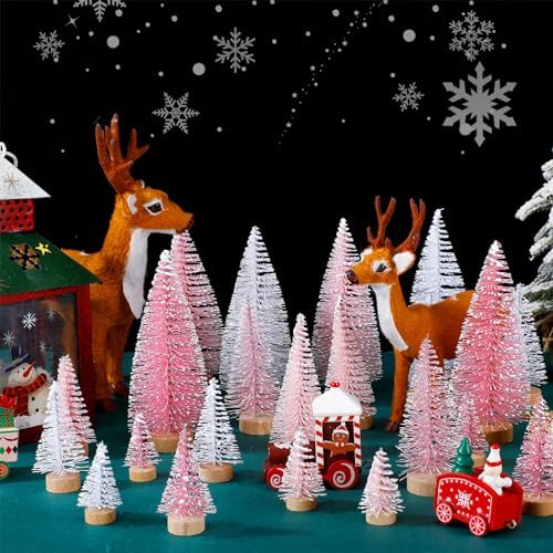 Leyndo 24 Pcs Pink White Artificial Mini Christmas Tree with Wood Base