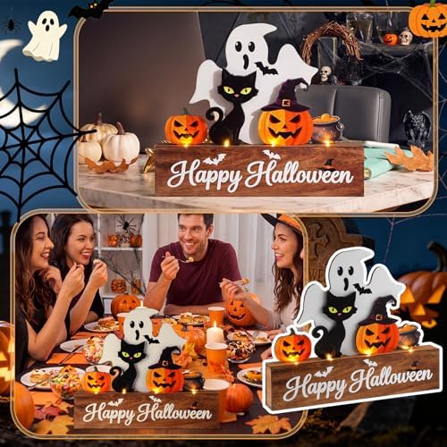 Patelai Halloween Table Decoration with LED Lights Wood Pumpkin Ghost Signs