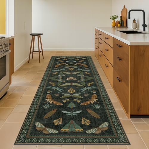 Dark Green 2'6"x10' Long Runner Rugs for Hallway - Boho Wide Washable Non Slip Indoor Entryway Rug, Low Pile Vintage