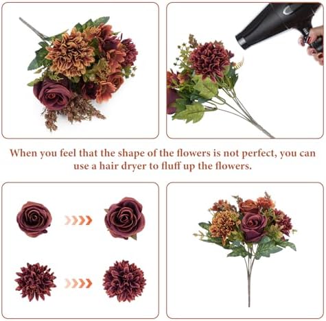4 Pcs Fall Flowers Artificial Decoration, Silk Fall Bouquet Burgundy Orange