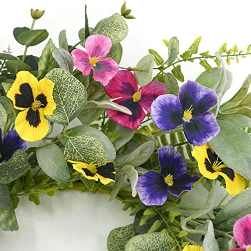 Artificial Spring Summer Wreath with Pansy Flowers,Flocked Lamb Ear Leaves,Eucalyptus Leaves,Fern Branches for Front Door Indoor Outdoor Farmhouse Wall Holiday Decor, White Gift Box Included