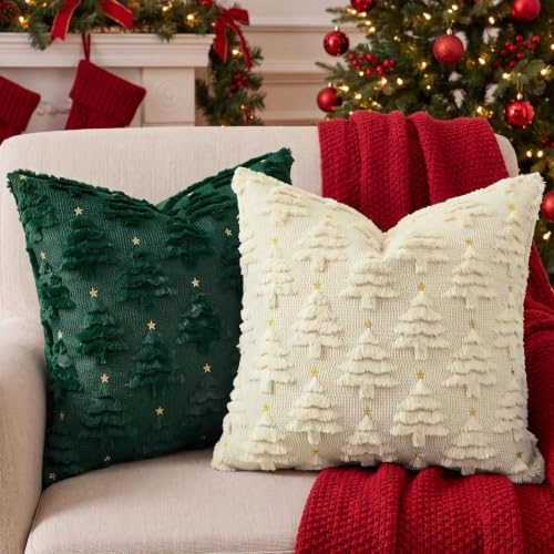 Softalker Christmas Pillow Covers 20x20 Set of 2, Beige Xmas Tree Decor