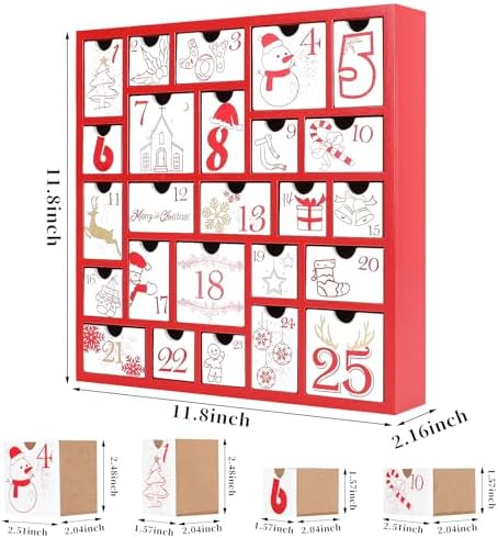 CCINEE Christmas Wooden Advent Calendar with 25 Large Drawers, Countdown to Christmas Decoration Large Size Xmas Countdown Calendar 2024 Hand Painted Refillable Advent for Holiday Decoration(Red)