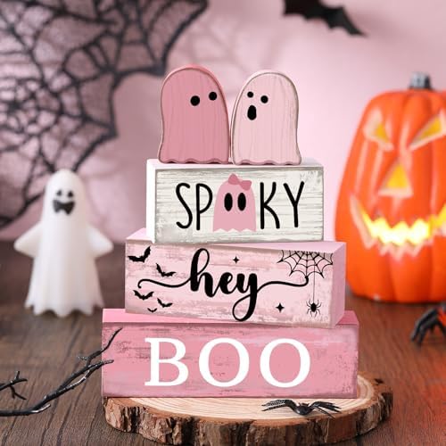 Lineshading 4 Pcs Pink Halloween Tiered Tray Decor, Wooden Ghost Signs