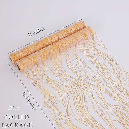 Snowkingdom 2pcs Gold Wave Table Runner, 11×108 Inch Golden Metallic Sparkle Lines Mesh Table Runners, Lightweight Gold Party Decorations for Mothers Day, Wedding, Birthday, Christmas, Party Dinner