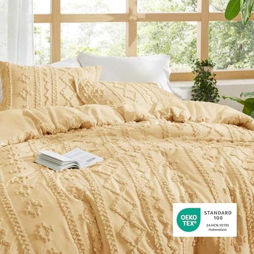 Bedsure Tufted Boho Comforter Set King Size - Yellow Boho Bed Set, GentleSoft™ 3 Pieces Farmhouse-Style Embroidery