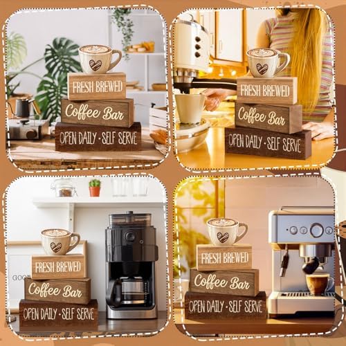 Moucuny 4 Pcs Farmhouse Coffee Bar Signs Decor Wooden Cafe Cup Signs