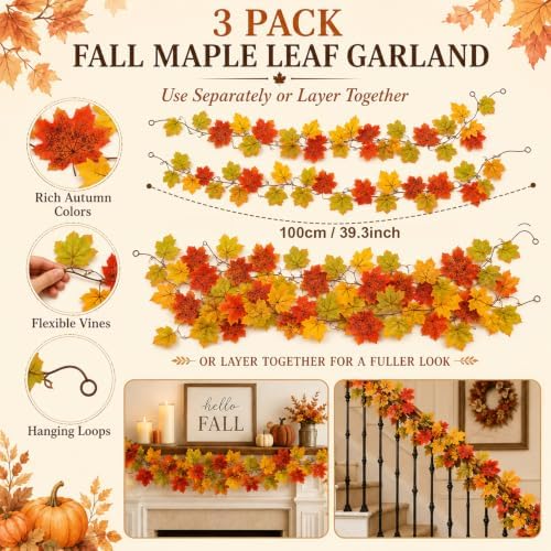 RAINFLOW Fall Garland for Mantle - Maple Leaf Garland 3PCS Each 3.27FT