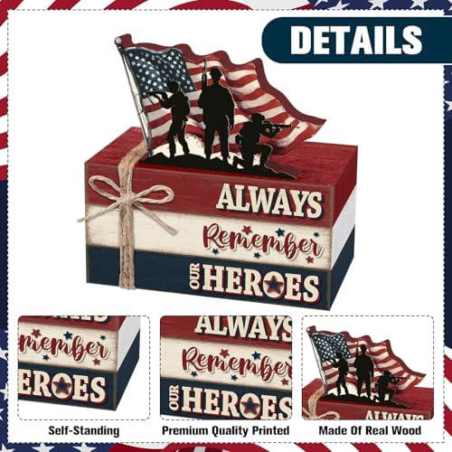 Geelin 4 Pcs 4th of July Wooden Book Stack Sign Decor, 250th Anniversary Patriotic Red White USA Tabletop Decoration with Soldier and American Flag, Rustic Farmhouse Tiered Tray Decor for Home Office