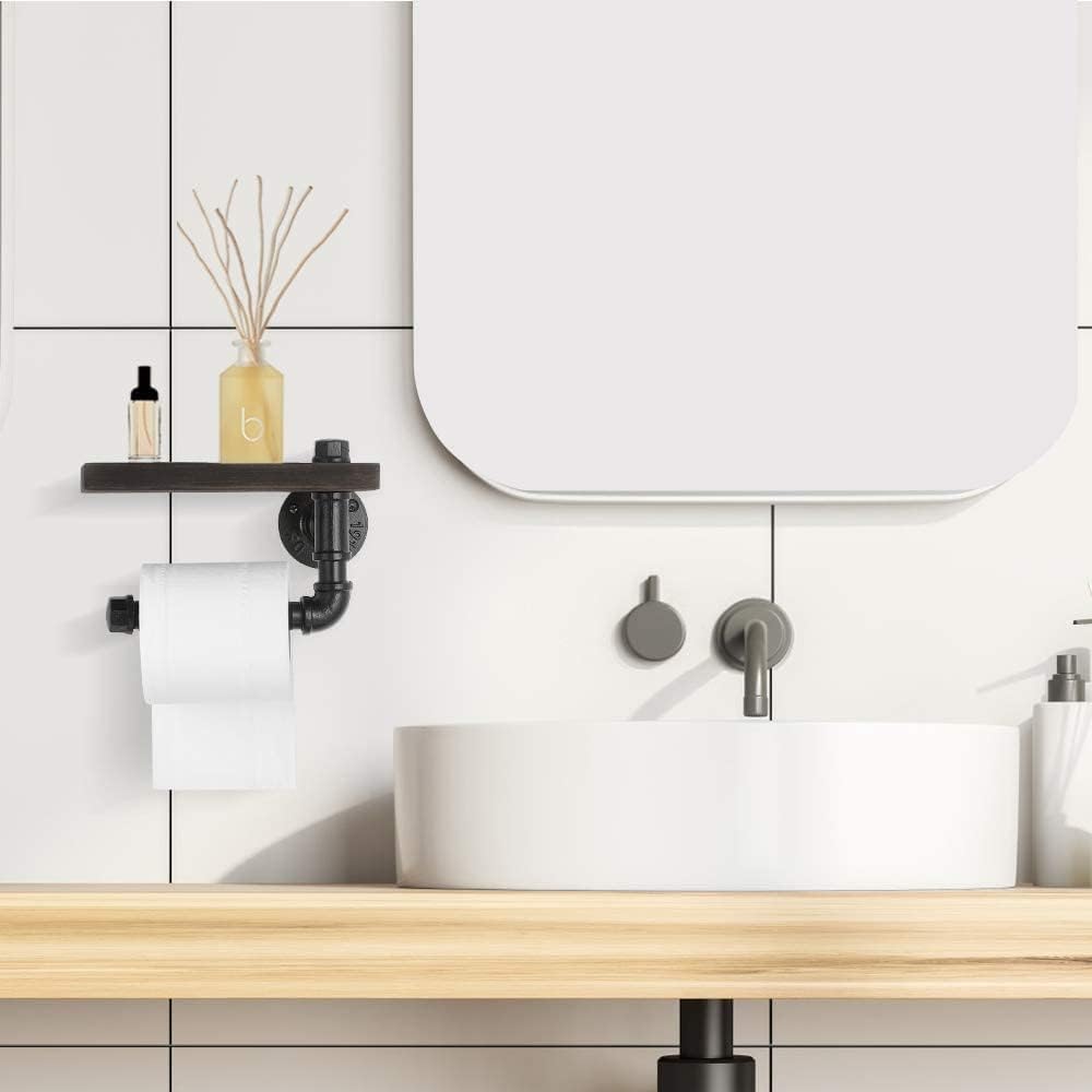 Industrial Pipe Wall Mounted Toilet Paper Holder with Shelf - Rustic Wood and Metal Bathroom Tissue Roll Holder