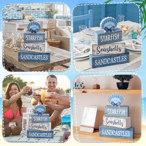 Moucuny 4 Pcs Beach Wooden Signs Table Decor with Shell, Tiered Tray