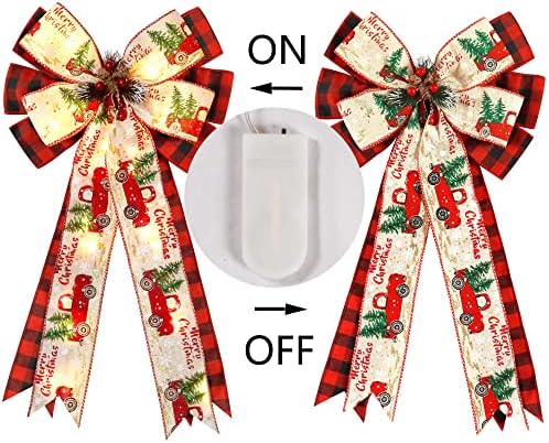 Christmas Tree Topper Bow with 30 LED Lights Decorations, 13”x25” Xmas Large Red Black Buffalo Plaid Rustic Farmhouse Wreath Bows with Truck Berries Pine Cones Pine Needles for Front Door Outdoor