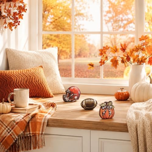 Smile Fall Wooden Tabletop Decor Set, 3-Piece Pumpkin Football Helmet Table Topper Signs for Autumn Harvest Home Decor