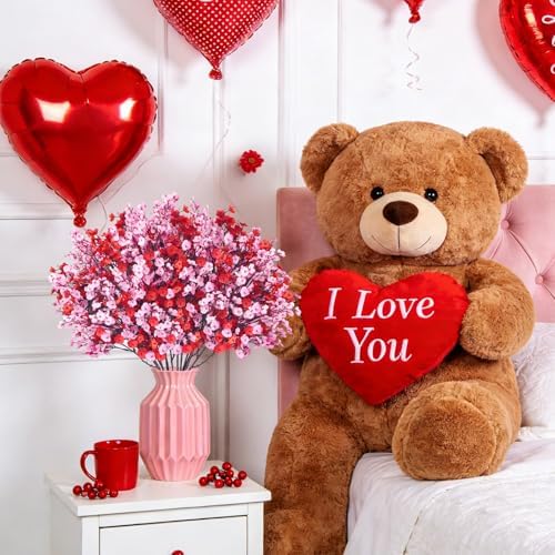 Uieke 12 Pcs Valentine’s Day Artificial Baby’s Breath Flowers, Red Pink Faux Gypsophila Bouquets Real Touch Silk Fake Flowers for Romantic Wedding, Anniversary, Party, Home Table Centerpiece Décor