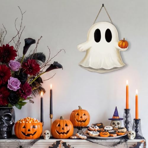 Smile Halloween Wooden Door Hanger with Cute Ghost Design Wall Decor