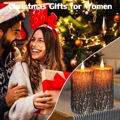Pine Bark Flameless Candles Set of 2, Christmas Candles with Remote & Timer