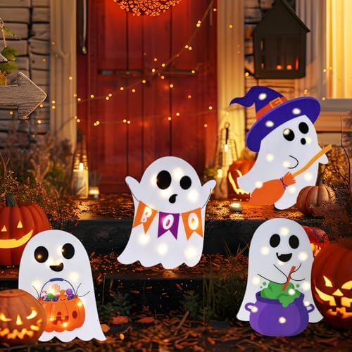 Lighted Cute Ghost Yard Signs, 4 Packs Halloween Decorations Outdoor Scary Witch Pumpkin Boo Signs with Lights for Lawn Garden Yard Stakes Outside Halloween Decoration Decor Clearance