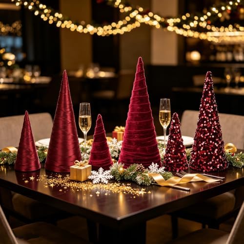 6 PCS 12" 10" 6" Burgundy Christmas Velvet Cone Tree Decorations Christmas Glitter Tree Farmhouse Tree Tiered Tray Ornament for Xmas Winter Home Holiday Rustic Fireplace Shelf Tabletop Tree Decor