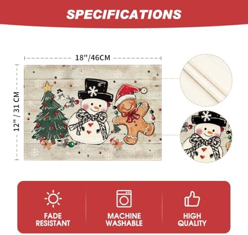 Artoid Mode Snowman Tree Gingerbread Wood Christmas Placemats Set of 4, 12x18 Inch Seasonal Winter Holiday Table Mats for Party Kitchen Dining Decoration