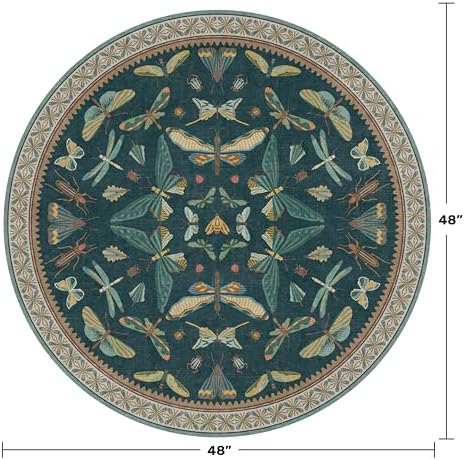 Teal Boho 4ft Round Area Rug, Washable Non Slip Insect & Floral Carpet for Entryway, Living Room & Kitchen, Soft Low