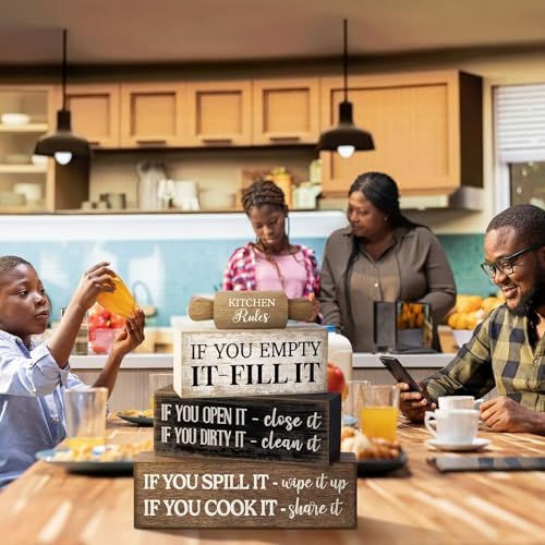 Moucuny 4 Pcs Farmhouse Tiered Tray Decor, Kitchen Rules Wooden Signs