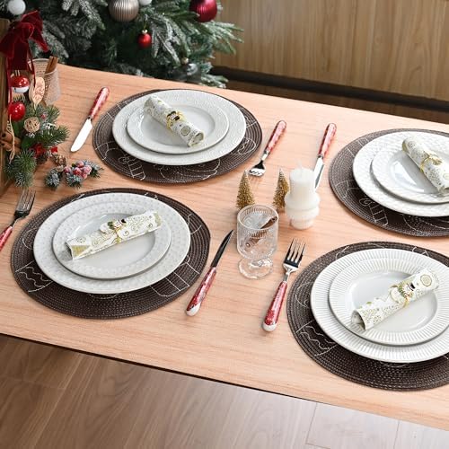 Feuille Round Christmas Placemats Set of 4,13.5 Inch Brown Gingerbread Man Placemats for Round Tables Winter Placemats Perfect for Indoor Christmas Decorations