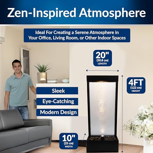Alpine Corporation MLT170S 48" Indoor Outdoor Waterfall Fountain with LED Light Modern Glass & Aluminum Black Wall