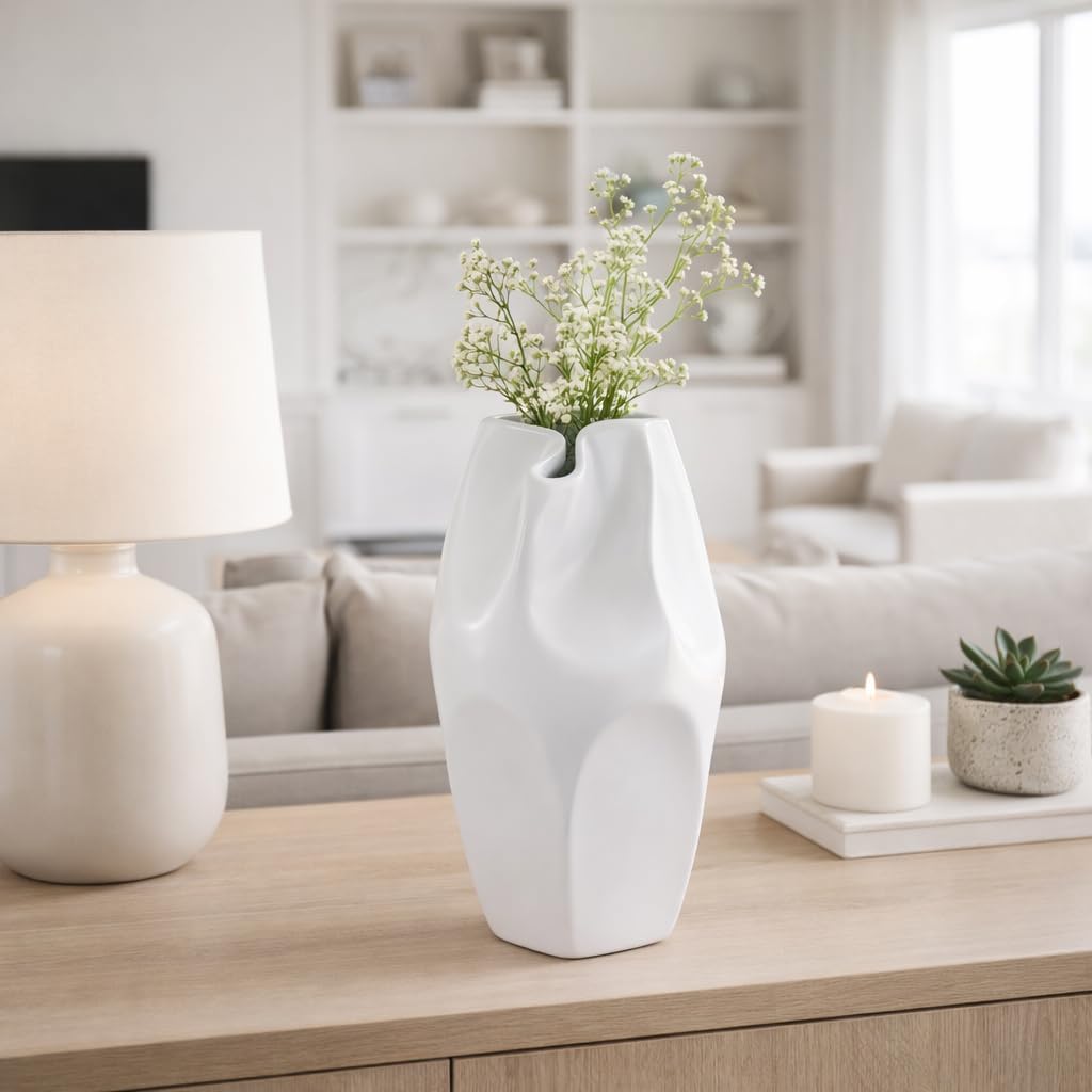 Ceramic Vase / Flower Holder / 14.0" H / White
