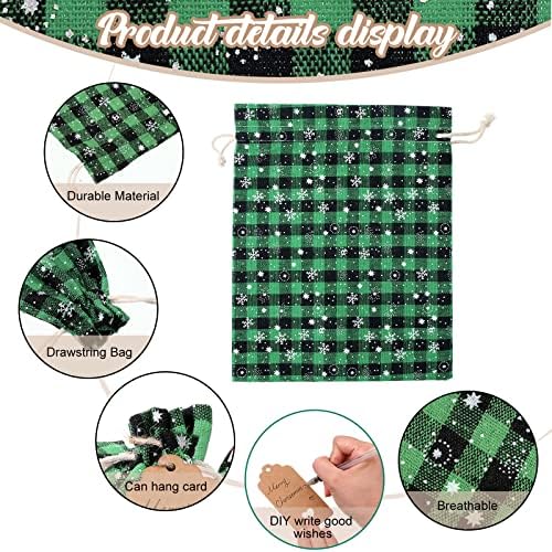 Shappy 24 Pcs Christmas Drawstring Gift Bags Xmas Buffalo Plaid Burlap Advent Bags 10 x 8 Inches Linen Treat Candy Bag with 32.8 ft Rope 24 Card(Black Green Snowflake)