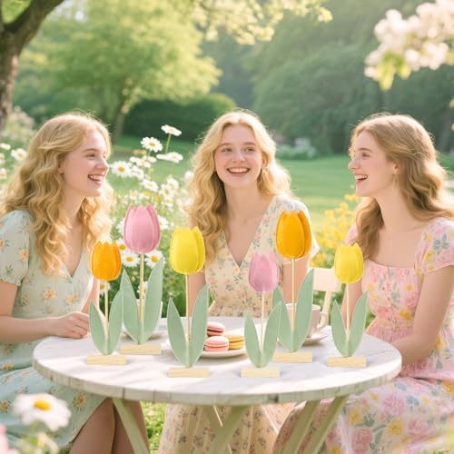 SUNBEAUTY 6Pc Tulips Flower Table Decoration Tulip Felt Centerpiece Pink Yellow Orange Mothers Day Decorations Tabletop Signs for Easter Garden Home Party Classroom Teacher Table Decor