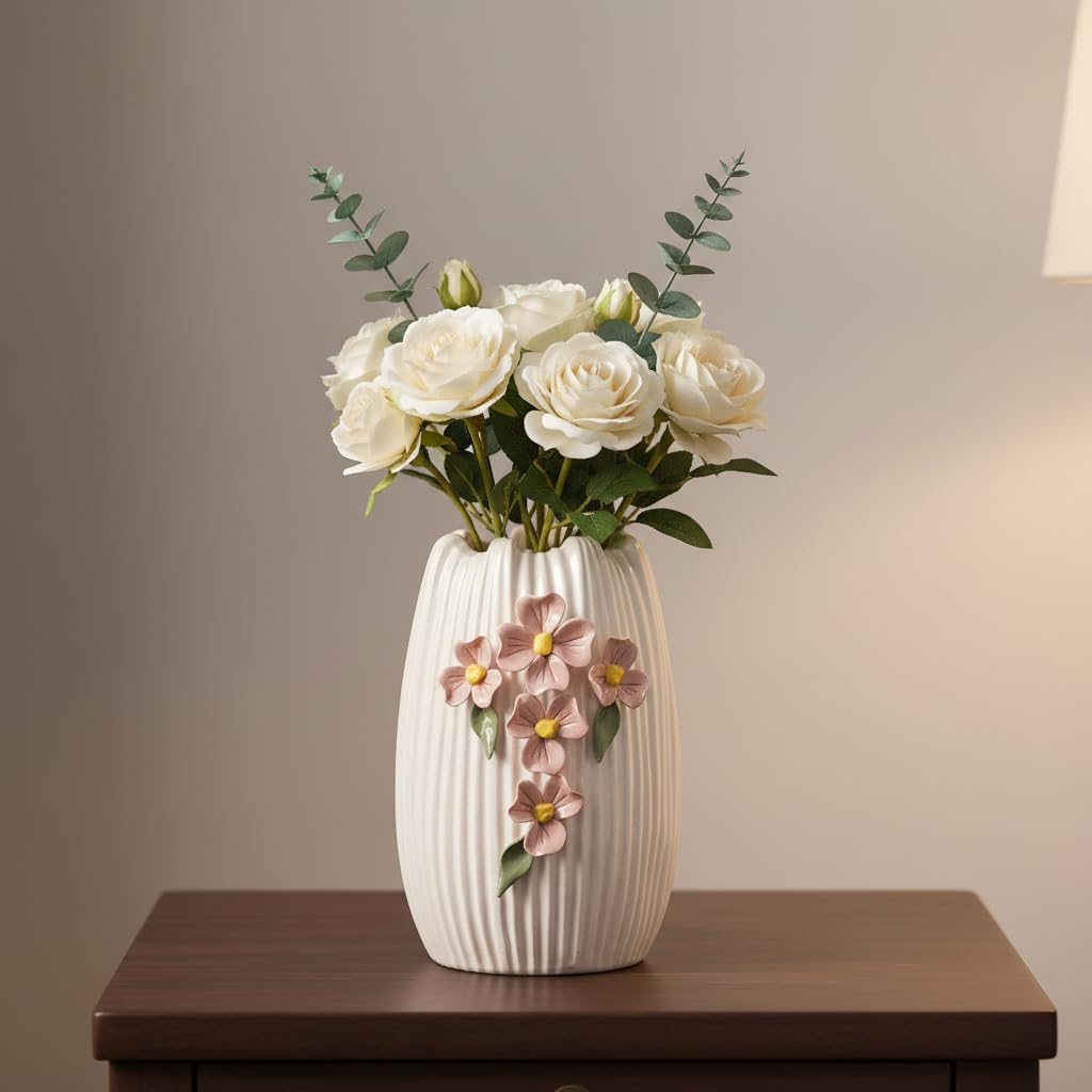 White Ceramic Flower Vase / White and Pink / 7 Inch