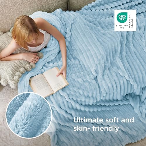 Bedsure Soft Full Size Fleece Blankets for Bed Light Blue 84"x90"