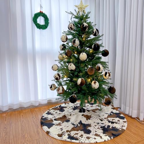 48 Inch Cow Print Christmas Tree Skirt - Soft Fluffy Xmas Tree Mat Round Holiday Decor for Home, Party, Christmas Decorations