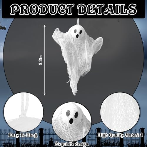 Meanplan 12 Pcs Halloween Ghost Hanging Ornaments, Small 3.2" Mesh Cloth
