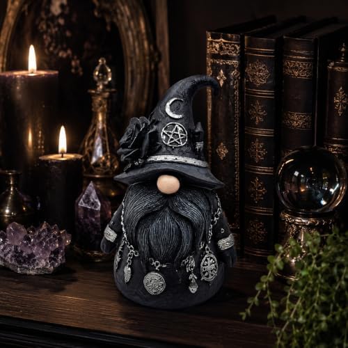 Gothic Witch Gnome Figurine Decor, Resin Witch Statue with Black Rose, Moon & Crystal Accents, Witch Decor for Shelf, Desk & Bookshelf, Dark Academia Home Decor