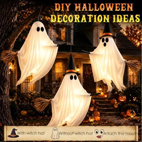 Witch Ghost with Broom Halloween Decorations Hanging LED Lights