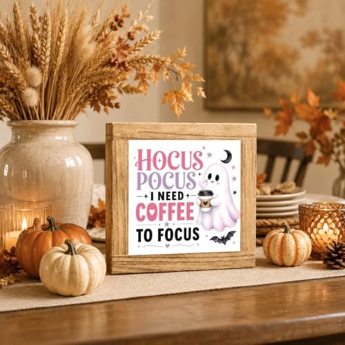 Halloween Wooden Sign, Coffee Ghost and Bat Tabletop Decor