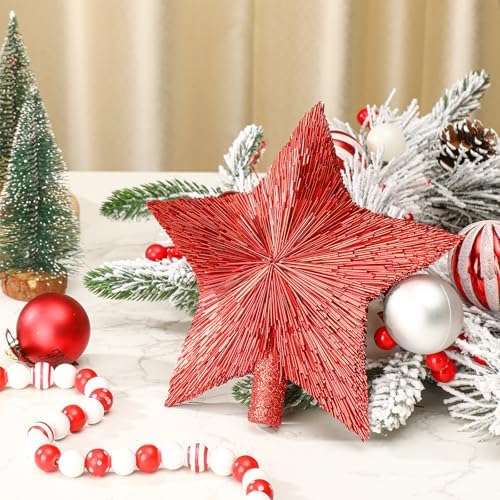 Threehoney 8.3 Inch Christmas Star Tree Topper Glitter Decor,Red