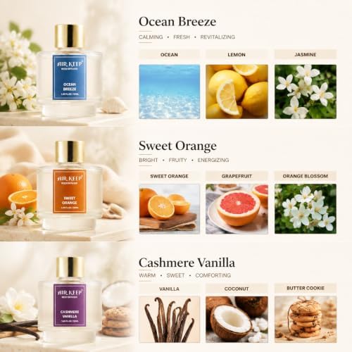 Airkeep Reed Diffuser Set of 3, Ocean Breeze Sweet Orange Cashmere Vanilla Oil Reed Diffusers for Bedroom Living Room