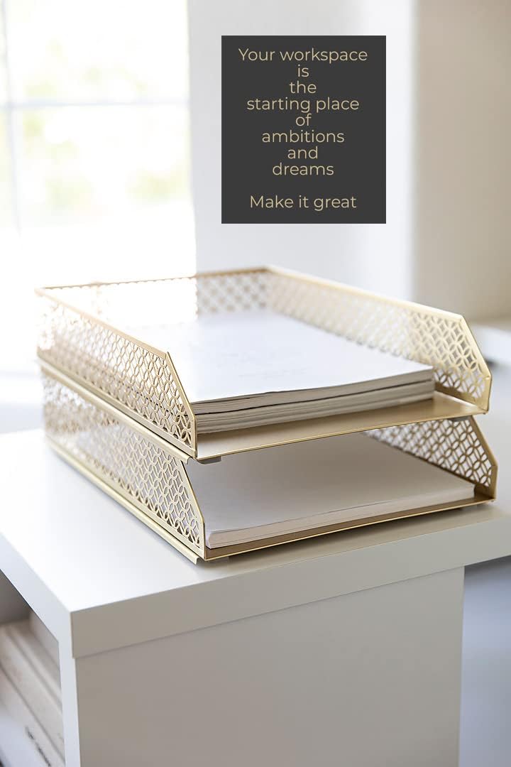 BLU MONACO | Paper Tray Stackable Gold Set of 2 | Stackable File Trays for Desk Organization | Tiered Desk Organizer
