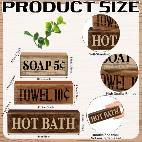 Moucuny 4 Pcs Rustic Bathroom Shelf Decor Wooden Block Signs, Farmhouse