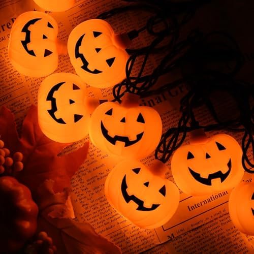 Halloween String Lights - LED Jack O Lantern Lights with Cute Spooky Smiling, 8.5Ft LED Pumpkin Lights Outdoor Plug in for Fall Halloween Decorations Indoor Outdoor Home Mantel Party Decor, 0.07W
