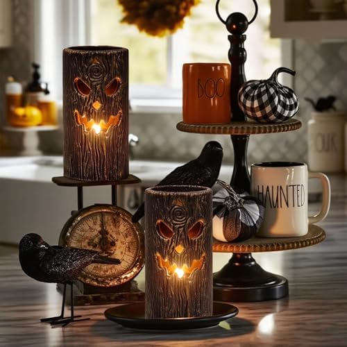 Halloween Flameless Candles, 2PCS Ghost Tree Carved Pillar Candles
