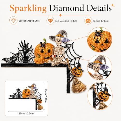 DIY Halloween Witch Pumpkin Diamond Art Wooden Door Corner Decoration, Halloween Frame Sign Kit, Creative Wall Art Mosaic Frame Sign for Home Decor & Gifts
