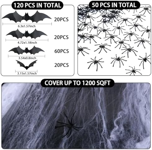 Famoby 1200 sqft Halloween Spider Webs and 120pcs Fake Bats and 50pcs Fake Spiders Super Stretch Cobwebs Party Decorate for Halloween Theme Indoor and Outdoor Decoration
