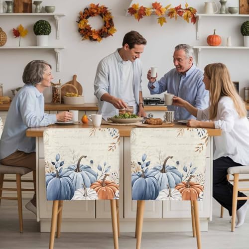 Fall Chair Covers Set of 6 Blue Pumpkin Chair Slipcover Protector Removable Stretch Chair Covers Floral Eucalyptus Leaf Thanksgiving Chair Back Covers for Dining Chairs Kitchen Holiday Party Decor