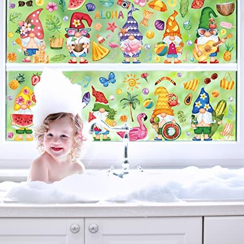 Whaline Summer Window Clings Gnomes Beach Hawaii Window Decals Tropical Fruits PVC Clings Stickers for Summer Home Room Classroom Decor Party Supplies, 9 Sheets