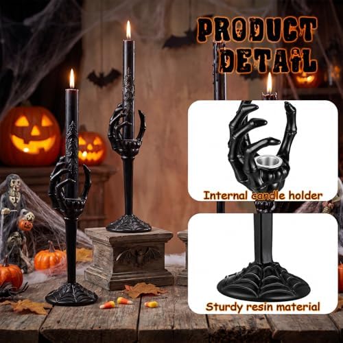 Qinyoung 2 Set Halloween Skull Taper Candle Holders Skeleton Hands Holder Candle Resin Gothic Tea Light Stand Spooky Horror Skeleton Hand Ghost Candlestick for Party Decoration Party(Black)